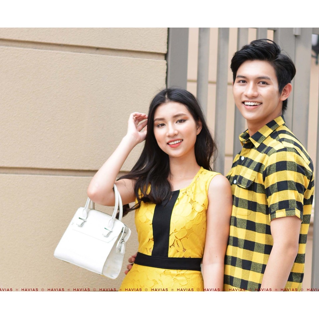 Đồ đôi sơ mi cao cấp vàng 2 túi &amp; đầm hoa cao cấp