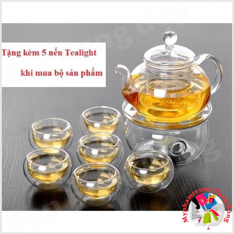 (HÀNG ĐẸP) combo ấm+ chén 2 lớp+ lọ chè vải