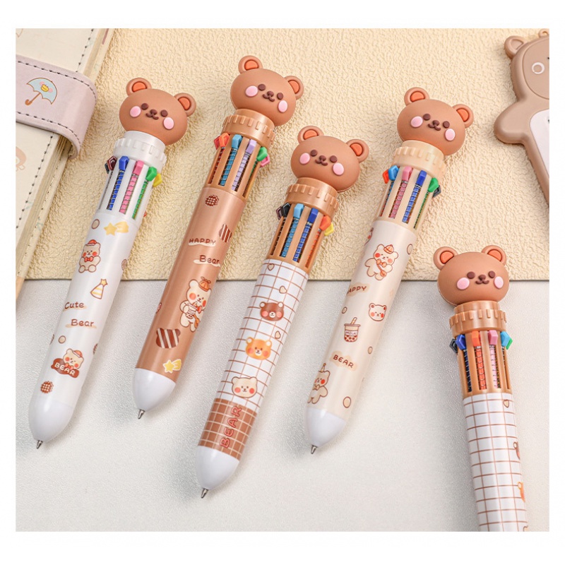 Bút bi 10 màu họa tiết gấu hoạt hình đáng yêu cho học sinh