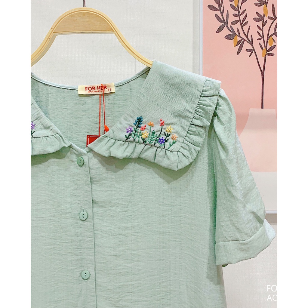 Áo Cổ Vuông FOR HER Bèo Hoa Thêu  AO0610