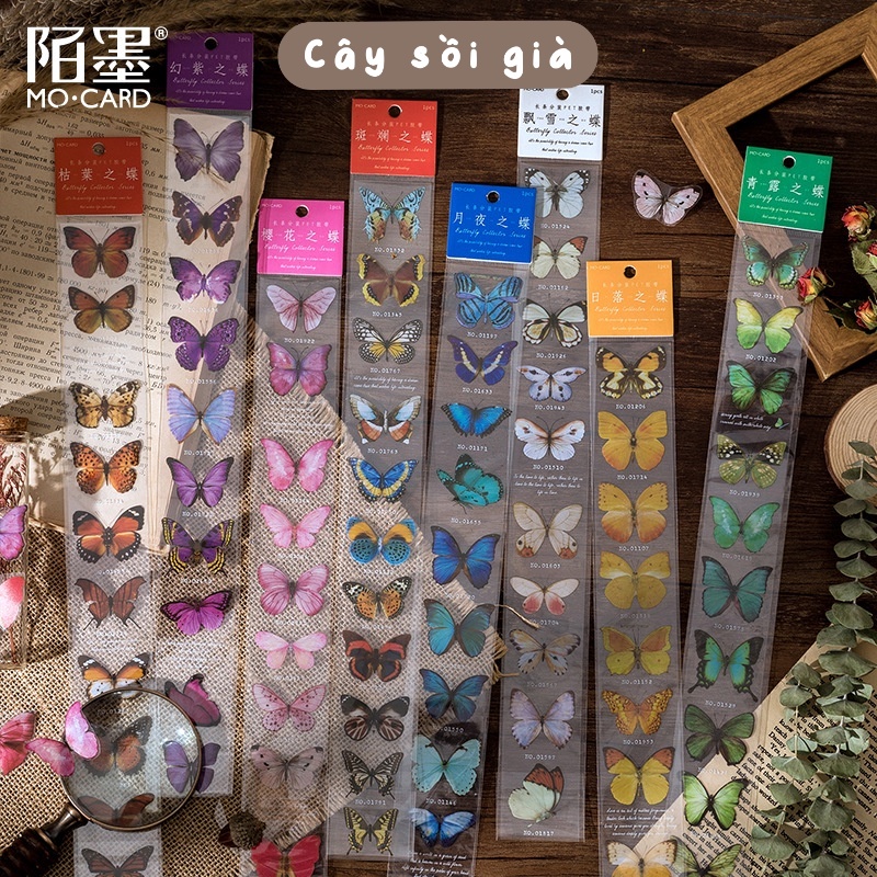 S15 - Dải sticker PET chống nước masking tape bươm bướm vintage cổ điển MoCard trang trí sổ bullet journal, junk journal