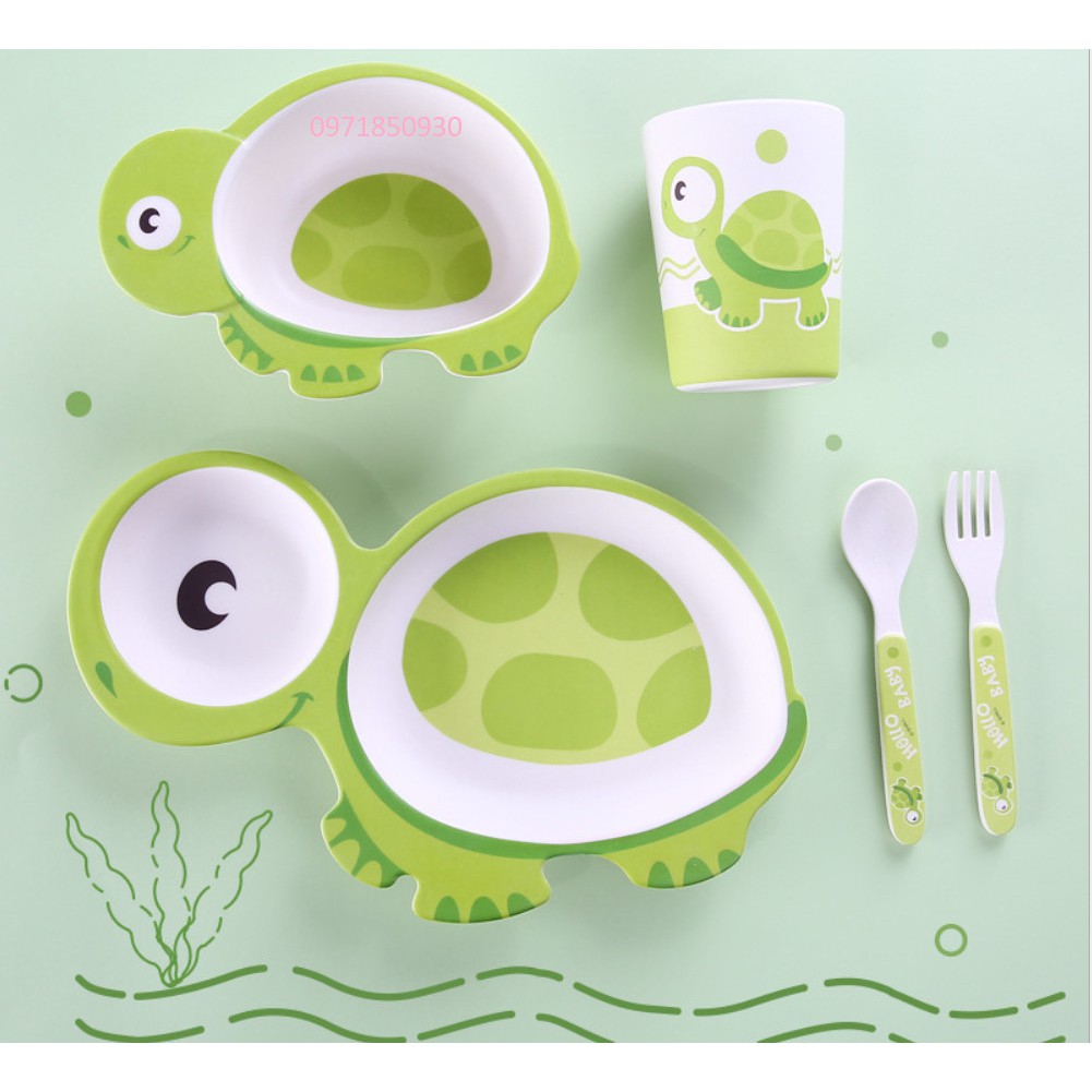 Set 5 món Khay, Bát, Cốc, Thìa, Dĩa ăn dặm hình con rùa hữu cơ tự nhiên SHALL