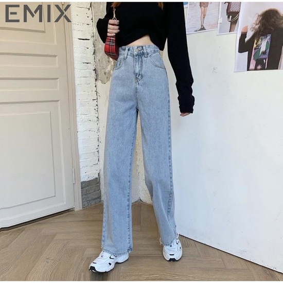 Quần jean đi học EMIX (3 màu), ulzzang, dáng dài, cạp cao, ống suông rộng, có đai, túi, chất jean mềm nhẹ 240 | BigBuy360 - bigbuy360.vn