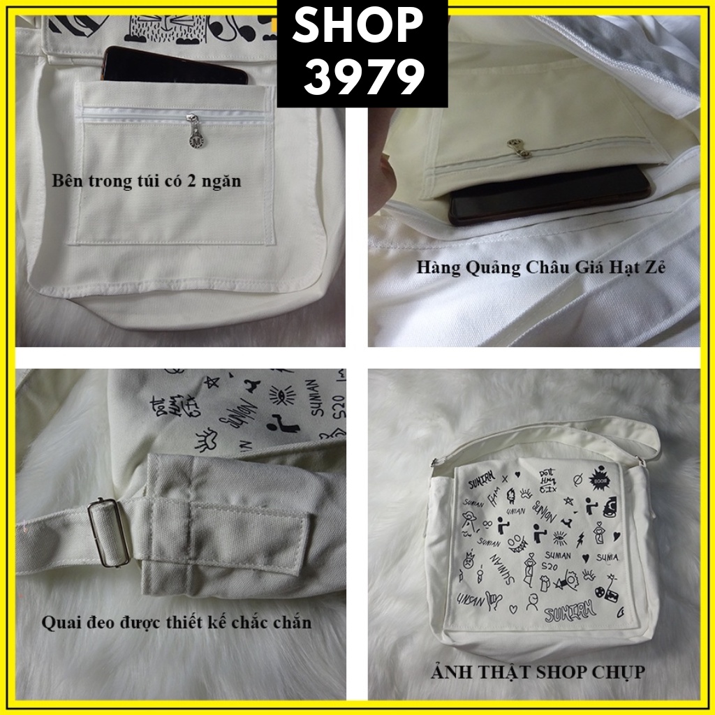 Túi tote vải đeo chéo canvas unisex cao cấp đựng vừa khổ a4 đi học đi chơi CVI35