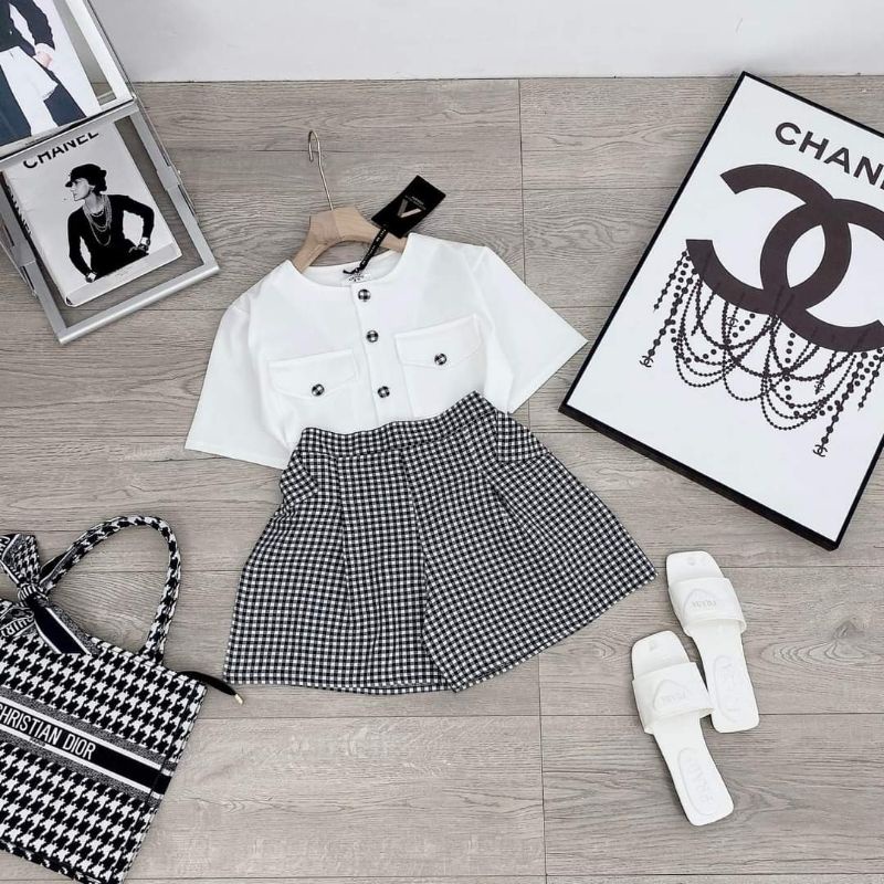 Set quần caro + áo cúc bọc