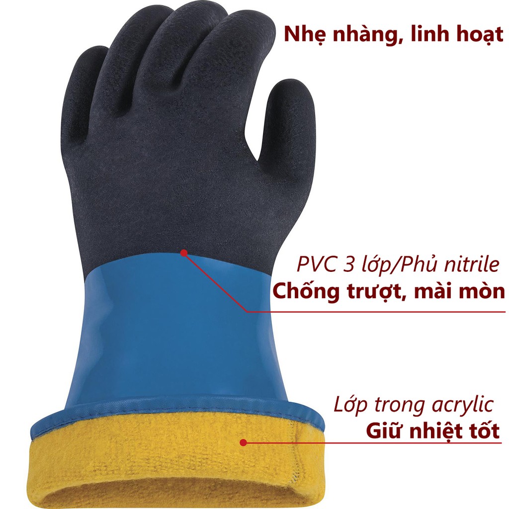 Găng tay chịu lạnh Deltaplus VV837, bao tay chống lạnh -40 độ C, chống hóa chất, phủ Nitrile chống trượt, linh hoạt cao