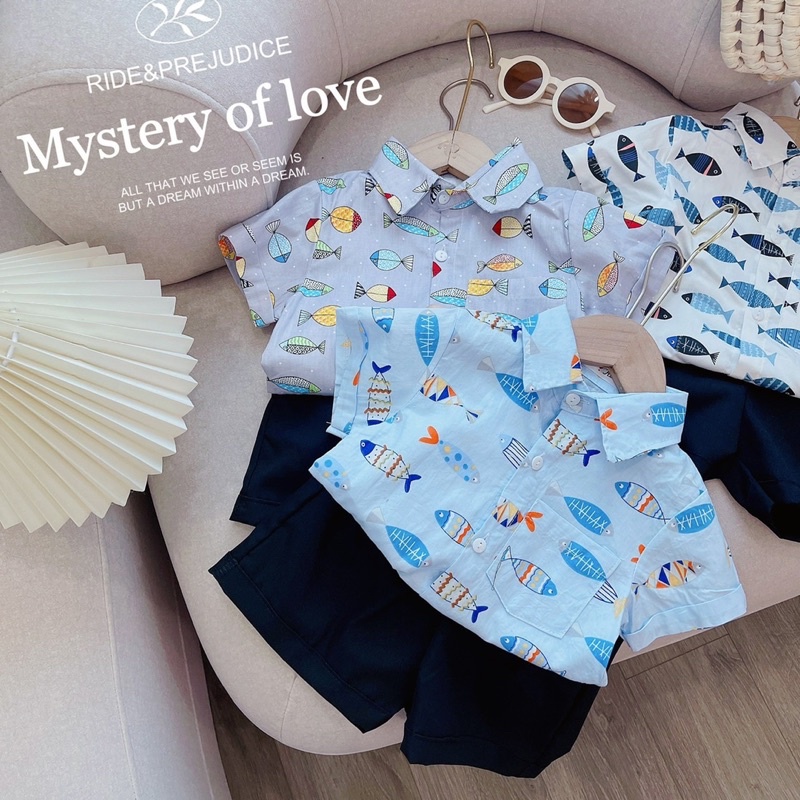 Set áo sơ mi hoạ tiết cá cho bé trai kèm quần đùi KAYN