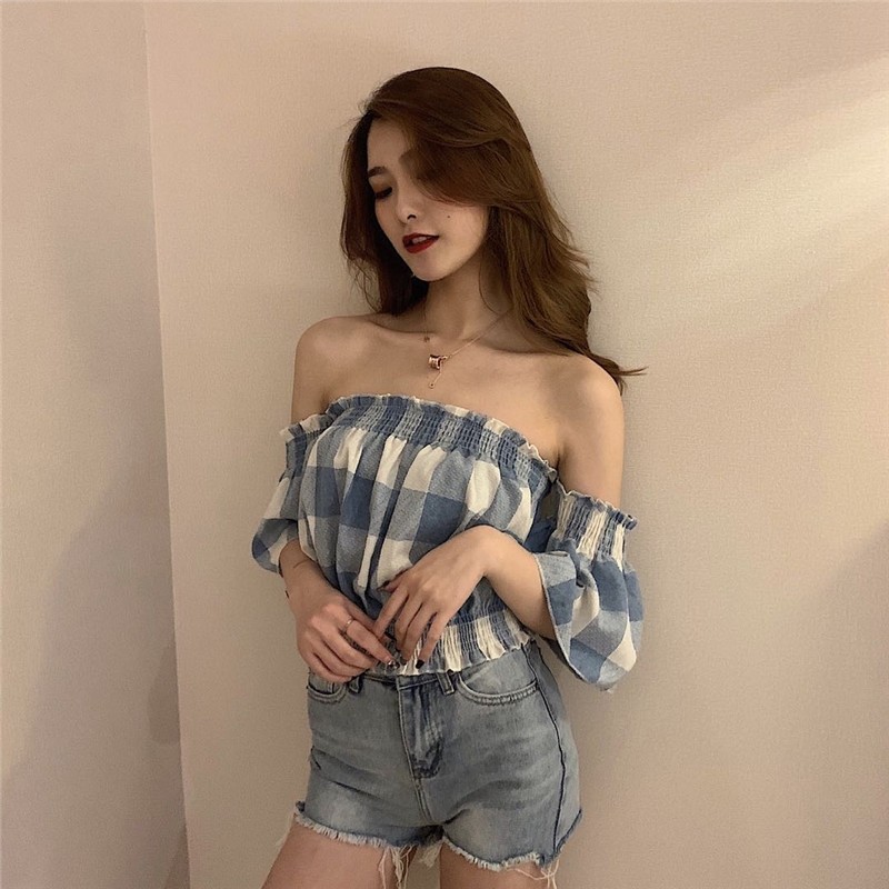 Áo croptop tay ngắn trễ vai họa tiết caro nữ tính gợi cảm cho nữ