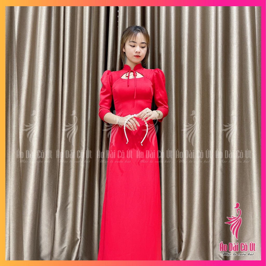 Áo Dài Truyền Thống Cổ Cột Nơ Lụa Tây Thi Tay Phồng Hàng May Sẵn