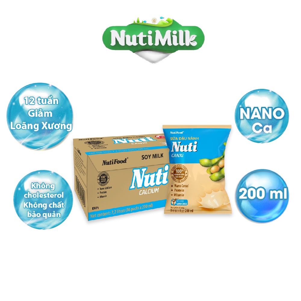 Thùng 36 bịch sữa đậu nành Nuti Canxi 200ml