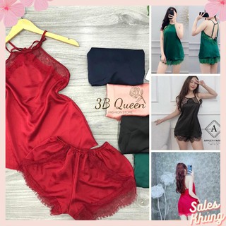 Set bộ đồ ngủ lụa yếm phối ren, đầm ngủ sexy chất liệu lụa satin cao cấp, mềm mịn mát , kèm quần ren siêu cute