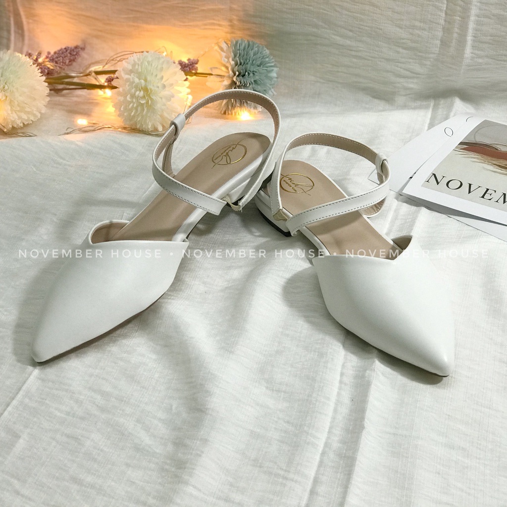 Giày búp bê gót thấp da mềm kiểu dáng mũi nhọn thiết kế quai hậu chéo thời trang nữ , SB20, Oula Store