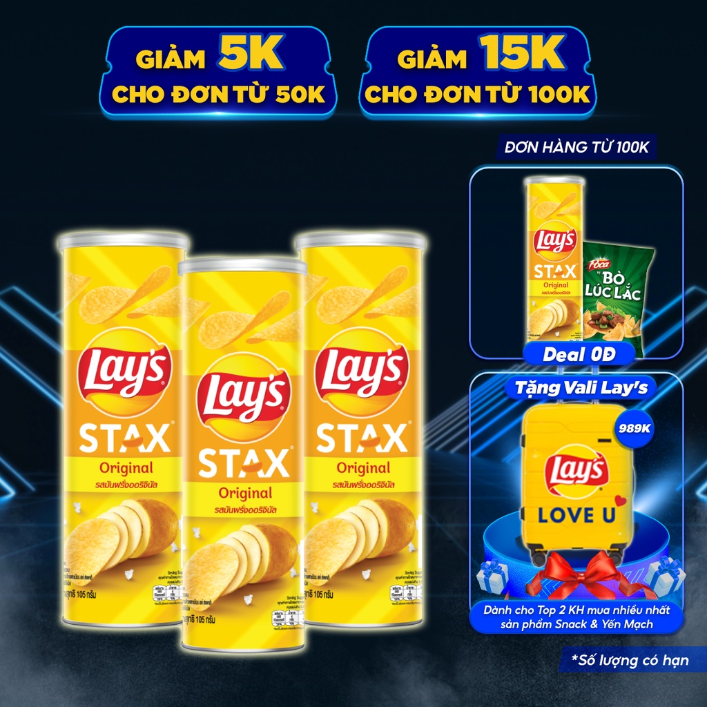 [Mã GRO1APR giảm 20K đơn 150K] Combo 3 Snack Lay's Stax Khoai Tây Nướng Vị Tự Nhiên hộp 105G