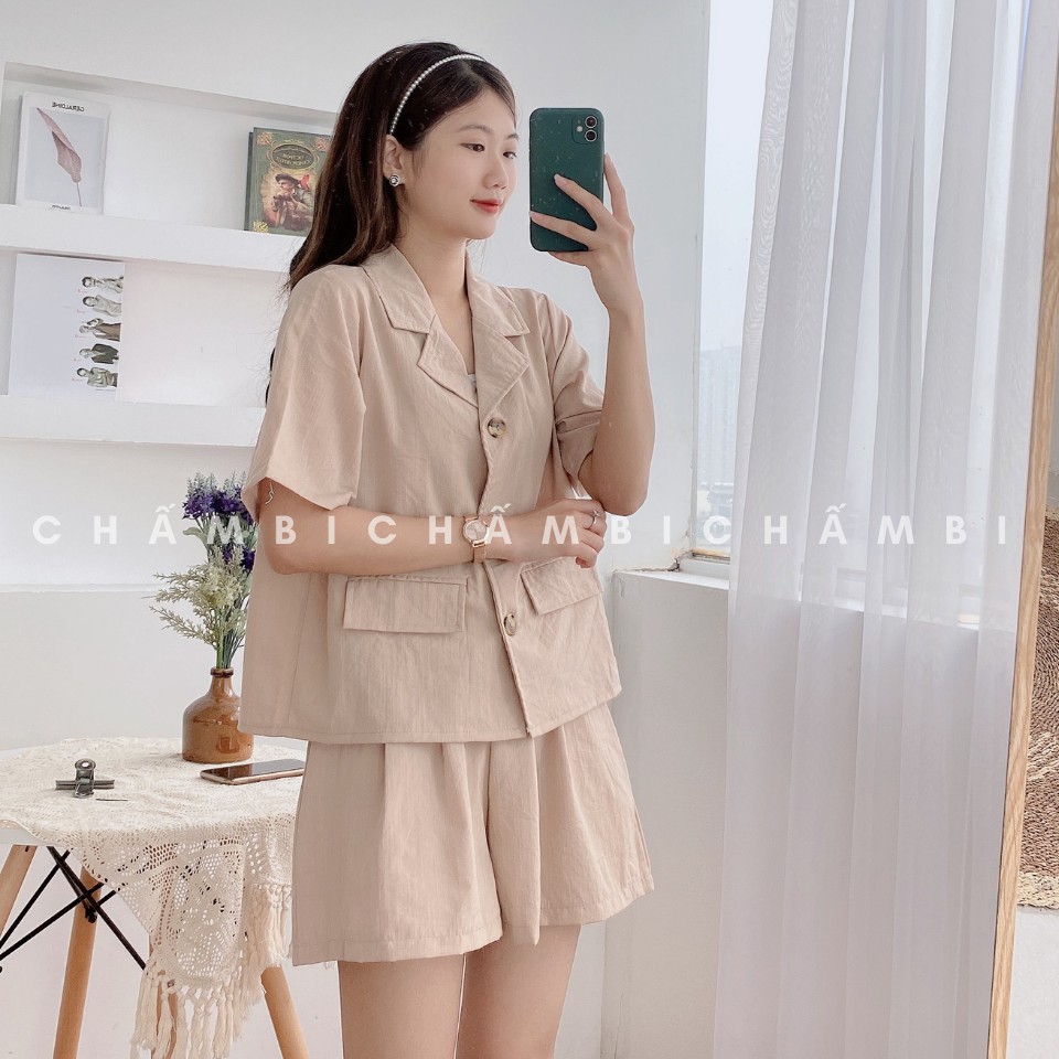 Set Áo Sơ Mi Cổ Vest Cộc Tay Trơn Ba Cúc Dọc Thân Và Quần Short Giả Váy Cực Xinh - S.040