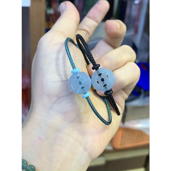 Vòng đeo tay dây cáp Đồng Xu mix Đồng Điếu đá Aqua