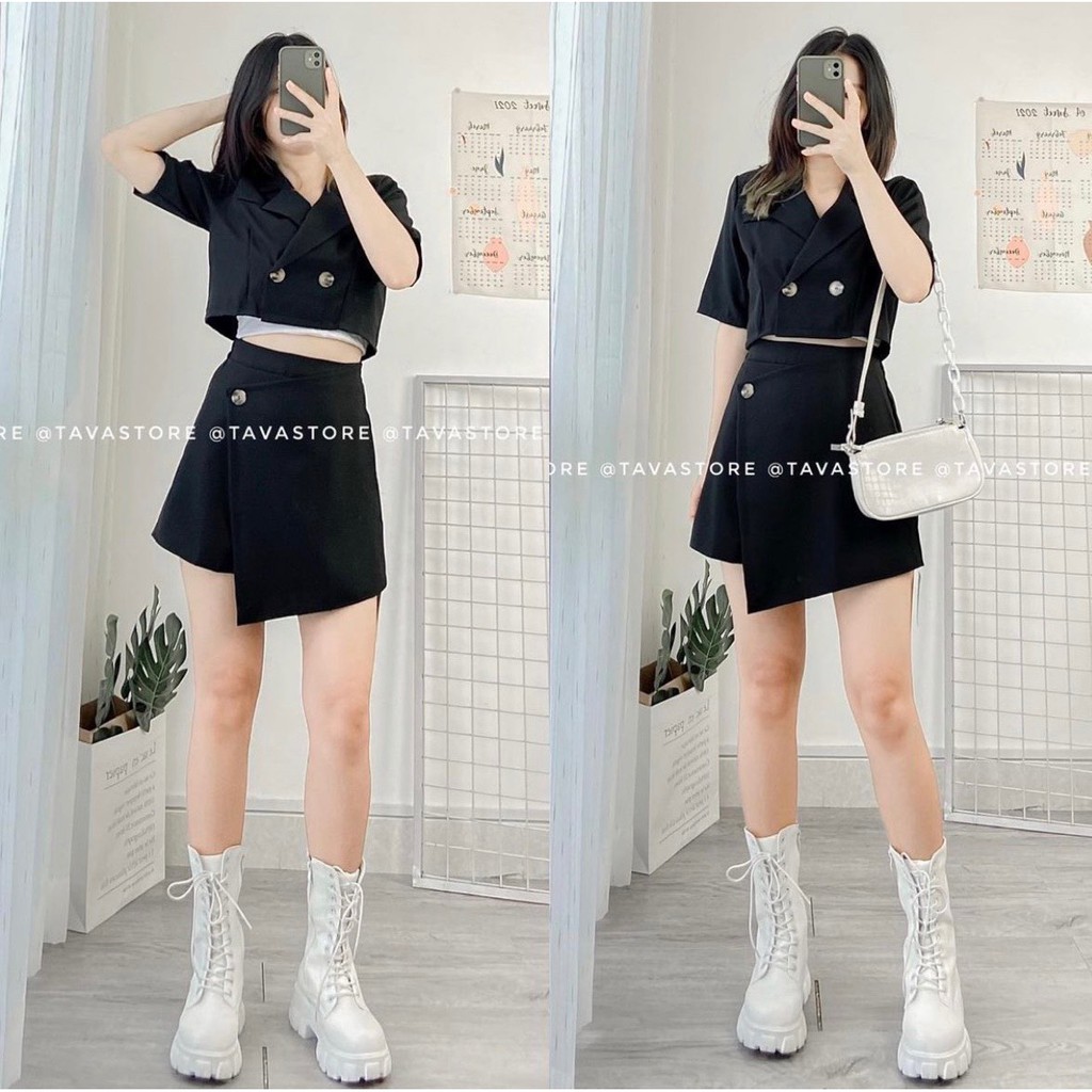 SET VEST BLAZER ĐEN DÁNG CROPTOP MIX QUẦN GIẢ VÁY LỆCH TÀ CÁ TÍNH