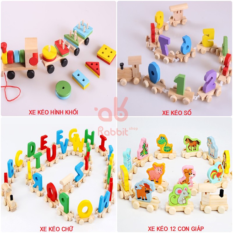 Đoàn tàu chở hình khối Số Chữ cái 12 con giáp Đồ chơi giáo dục phát triển trí tuệ bằng gỗ cho bé
