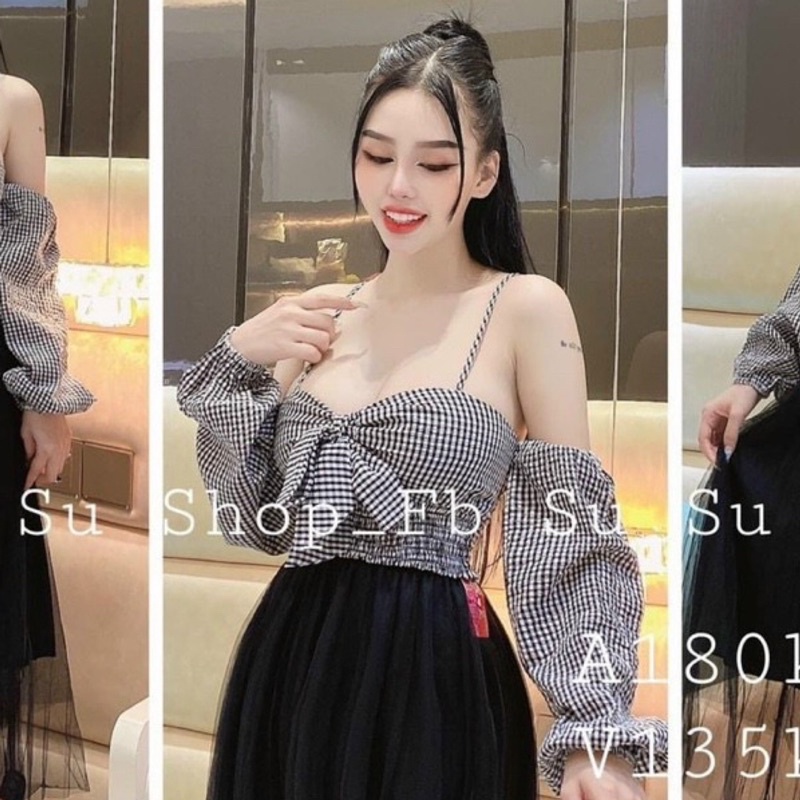 Áo Caro Trễ Vai 2 Dây Nơ Ngực Nhún Eo
