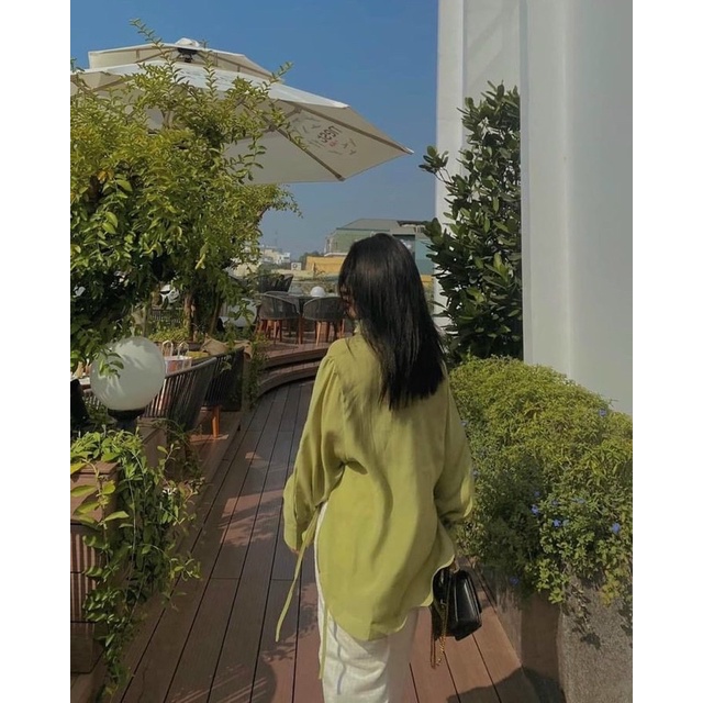 ÁO SƠMI XANH FORM RỘNG LAI NƠ