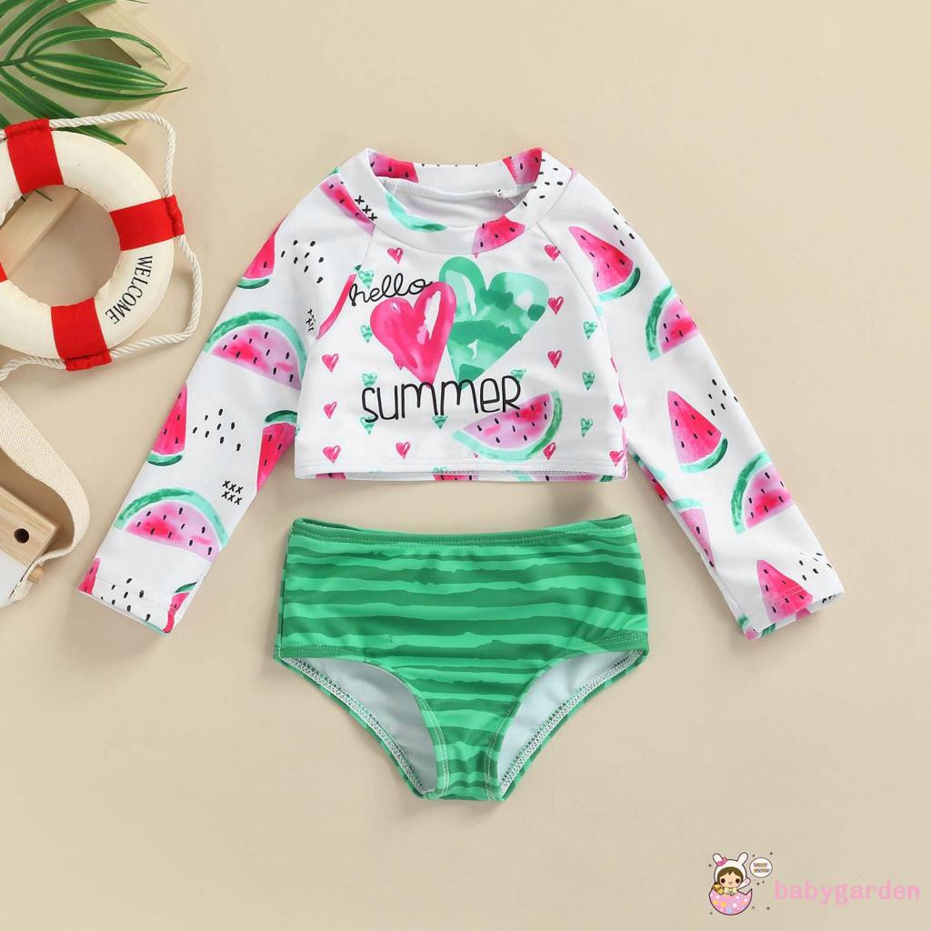 Bộ đồ bơi dành bé gái 2-6 tuổi gồm áo dài tay in họa tiết dưa hấu và quần bơi họa tiết sọc dễ thương