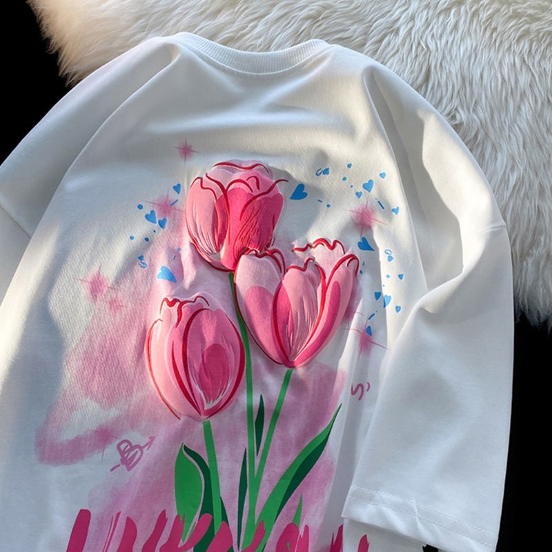 Áo thun Pure Cube tay ngắn in hình hoa phong cách Hàn Quốc dễ phối đồ thời trang xuân hè cho nữ