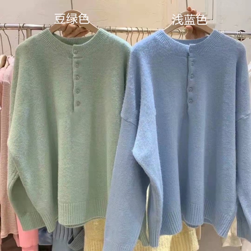 Áo Len Cổ Tròn | Áo Len Có Cúc Cổ Tròn màu Pastel dài tay thu đông phong cách Ulzzang Hàn Quốc