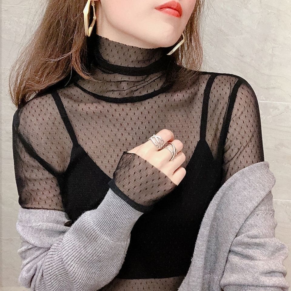 Áo phối lưới trong suốt cổ cao dáng ôm thời trang quyến rũ tùy chọn màu sắc dành cho nữ