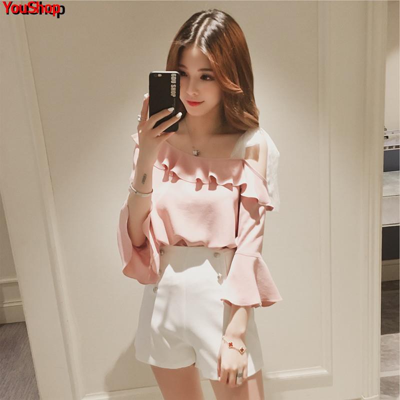 2019 spring new Korean version of the ruffled strap strapless chiffon shirt female ins super fire sweet trumpet sleeve s