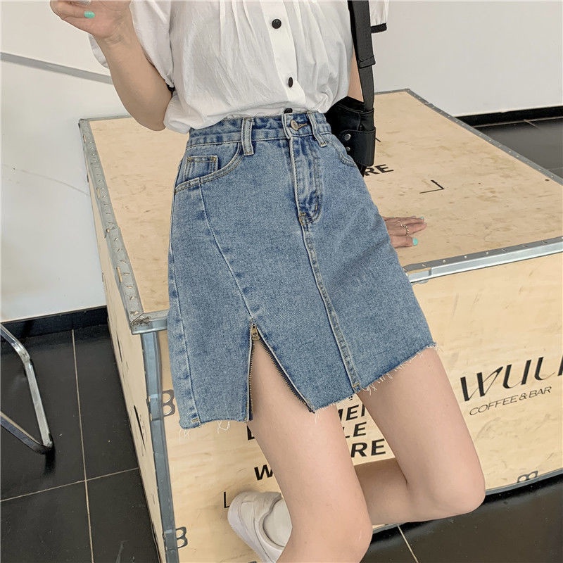 SUXI Chân váy jean Chữ A Lưng Cao Màu Sắc Đơn Giản Phong Cách Vintage