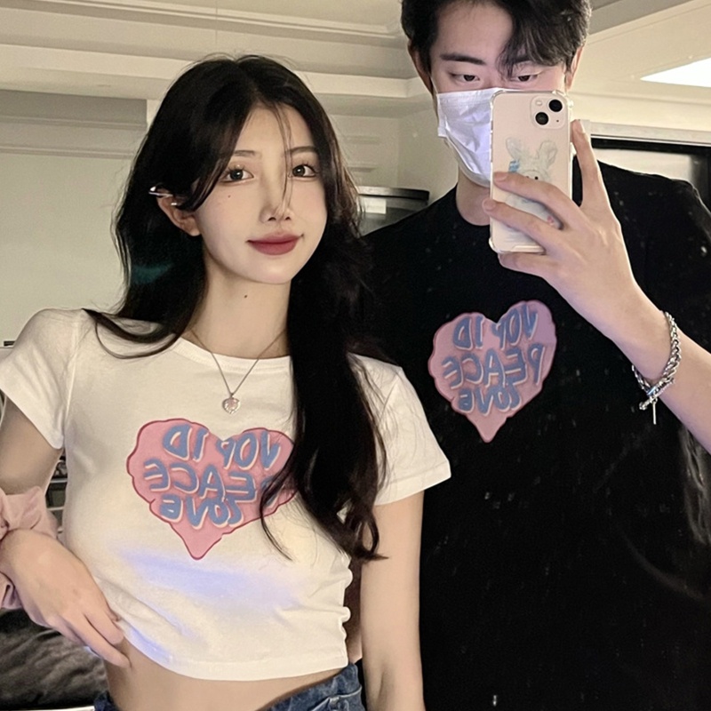 Áo Thun Crop Top Màu Trơn In Họa Tiết Trái Tim Và Chữ brroa Thập Niên 80 Phong Cách Vintage Dành Cho Nữ
