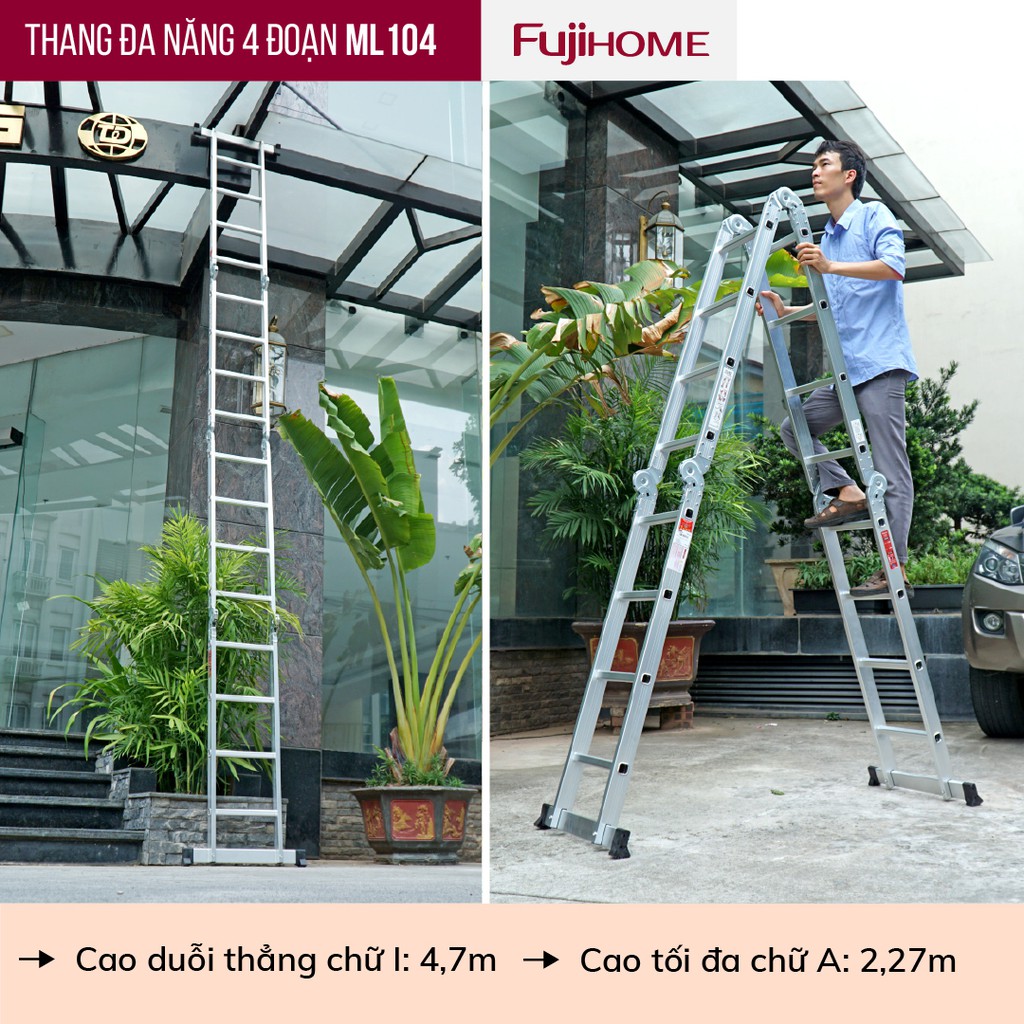 Thang nhôm gấp 4 đoạn Nhập Khẩu 4,7 mét siêu đa năng FUJIHOME, thang chữ M xếp gọn 4 khúc gia đình aluminum ladder