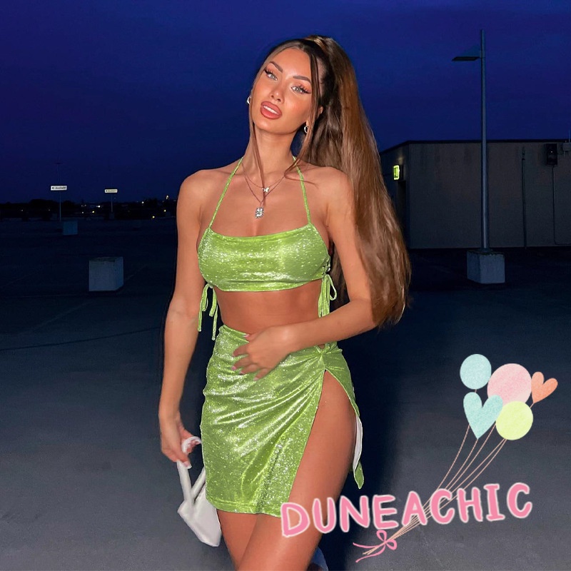 DUNEA Bộ đồ gồm áo cổ yếm và chân váy xẻ tà thời trang gợi cảm cho nữ