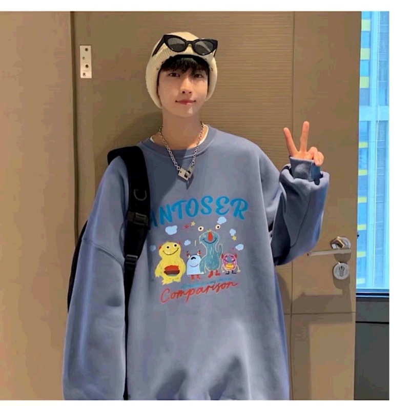 Áo sweater thể thao tay dài cổ tròn dáng rộng họa tiết hoạt hình phong cách đường phố hong kong cho nam
