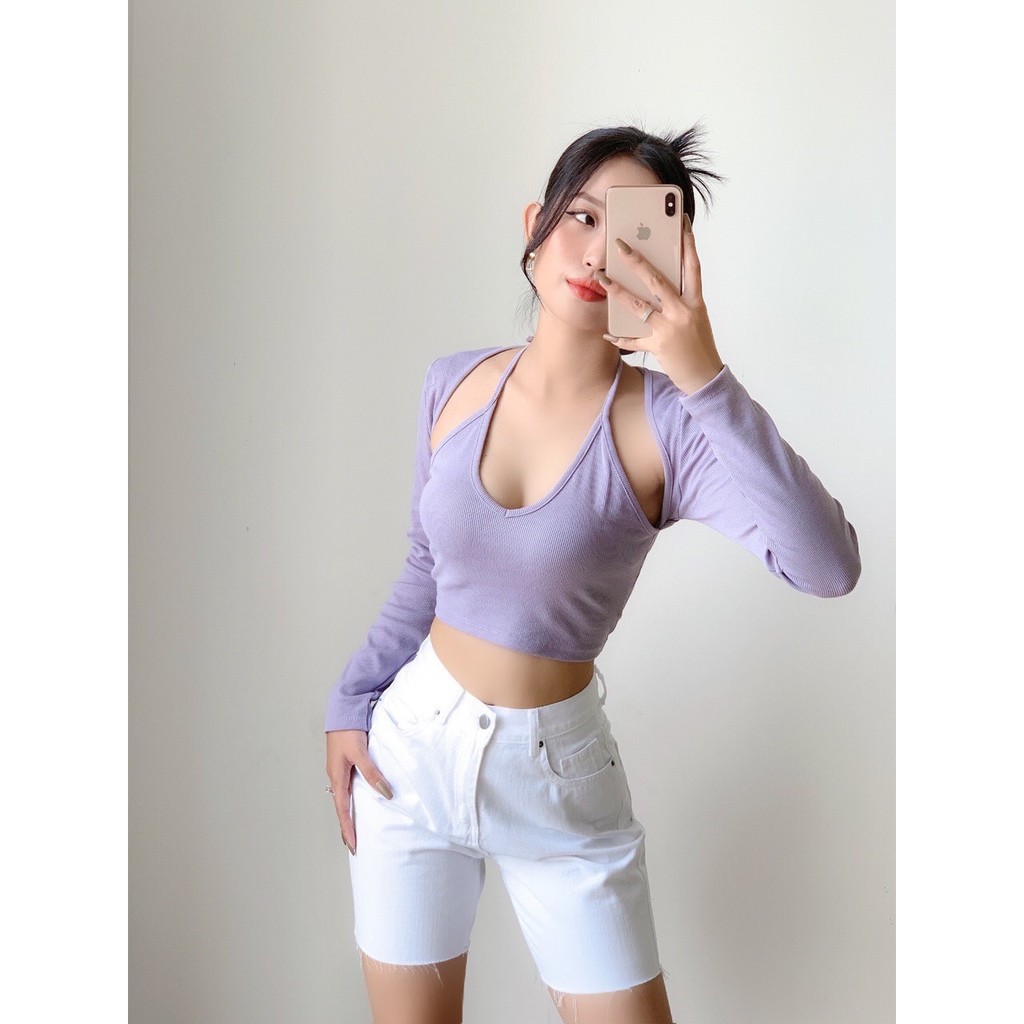 Áo croptop nữ cổ yếm phối tay dài ôm body KRYSTAL NK61