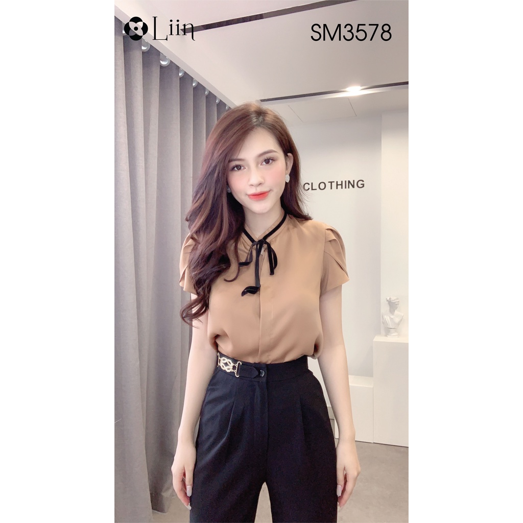 Áo sơ mi Cộc tay màu Nâu Nơ Đen kiểu dáng bánh bèo xinh xắn Liin Clothing SM3578