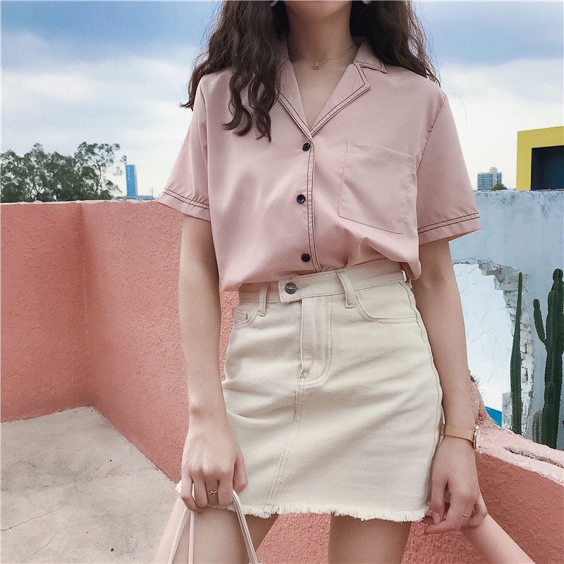 Áo Sơ Mi Kiểu Nữ Tay Ngắn MOLA cổ Vest Phong Cách Công sở Vintage Hàn Quốc Cộc Tay Nữ