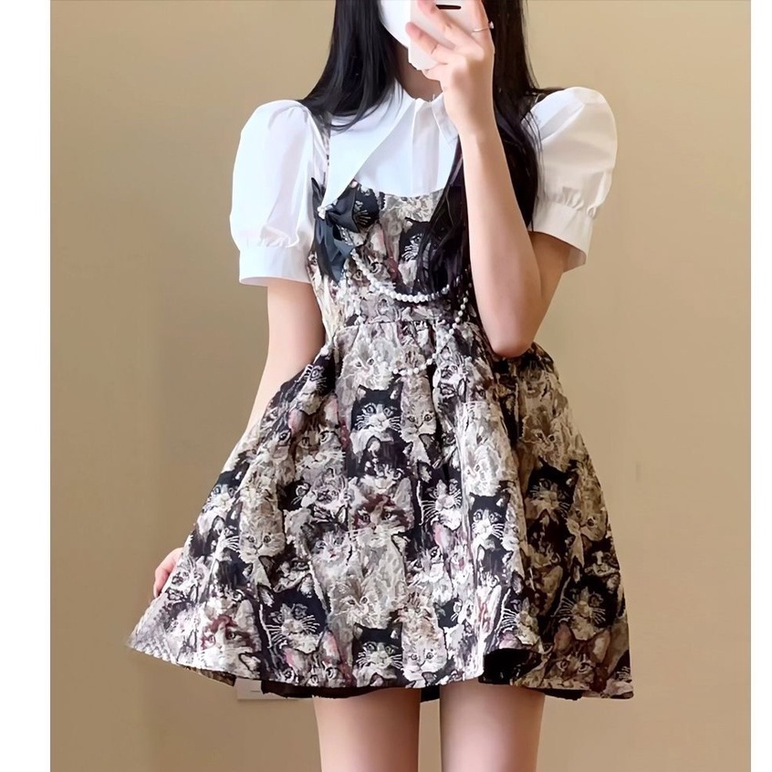 [MURIOKI] Đầm Babydoll Tay Phồng + Đầm Hai Dây In Họa Tiết Hoa Phong Cách Hàn Quốc Tinh Tế Thời Trang Cho Nữ