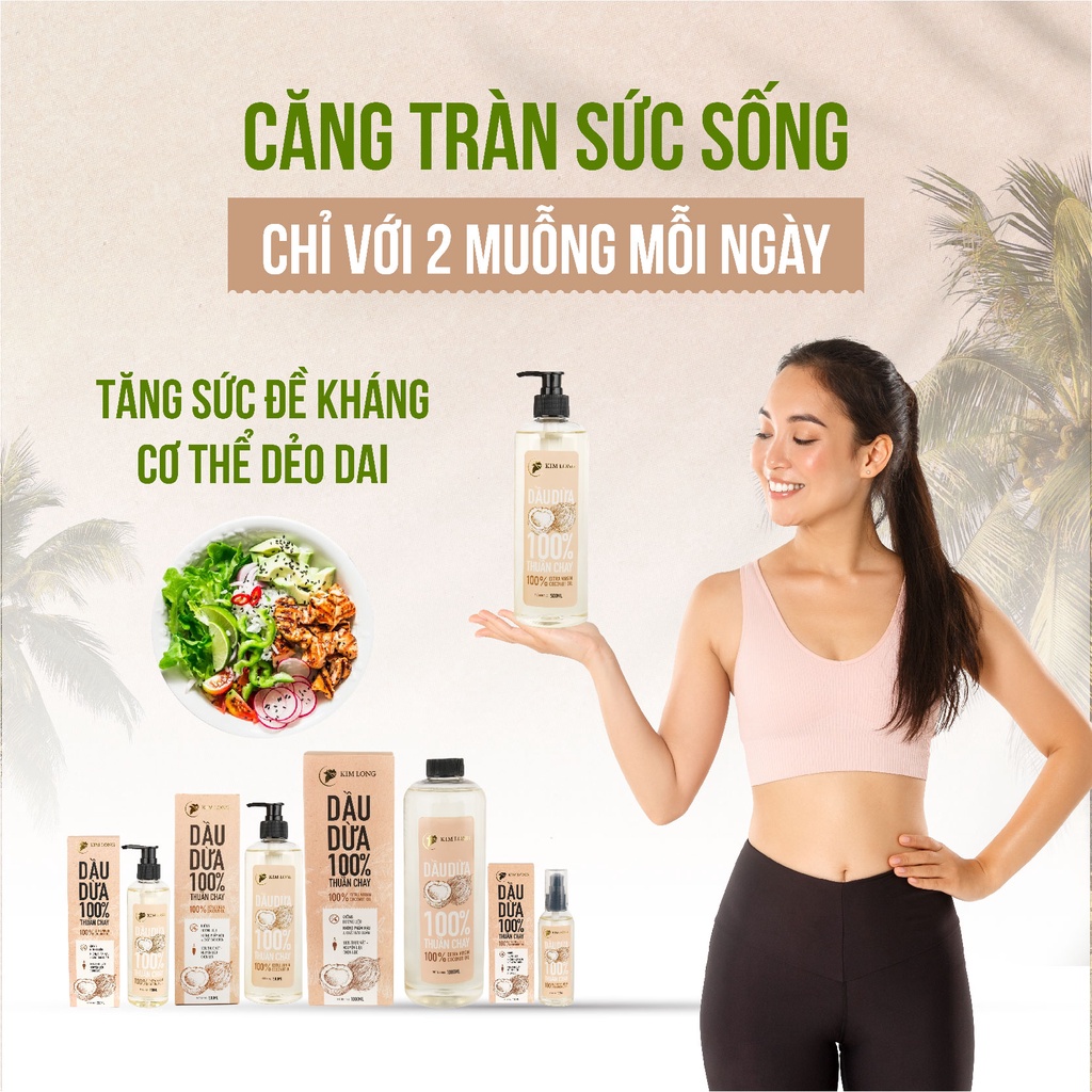 1 Lít Dầu Dừa Kim Long nguyên chất 100% - Thuần chay - Hỗ trợ dưỡng da, dưỡng tóc, dưỡng môi, ngừa rạn da