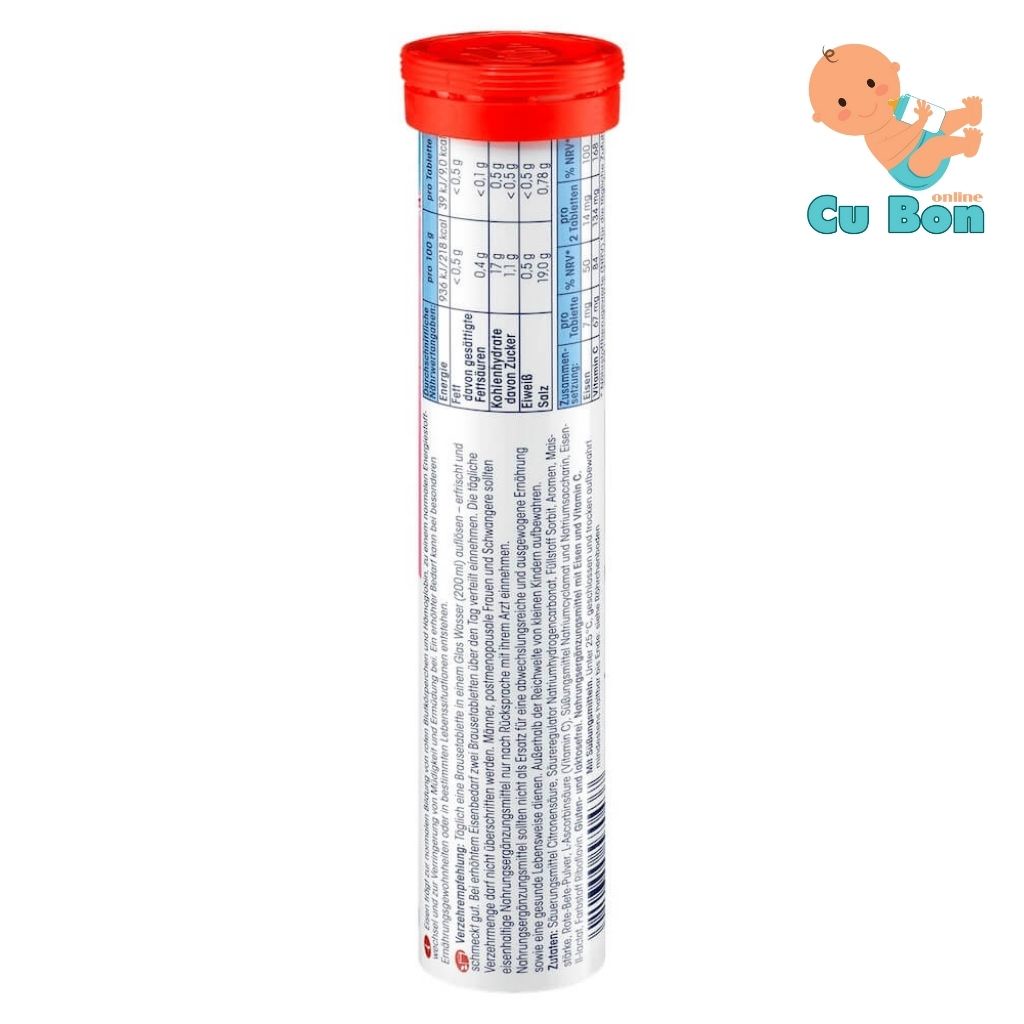 Viên Sủi Mivolis Bổ Sung Sắt Và Vitamin C Eisen của Đức hộp 20 viên hương trái cây Cassis Geschmack Ngăn ngừa thiếu máu
