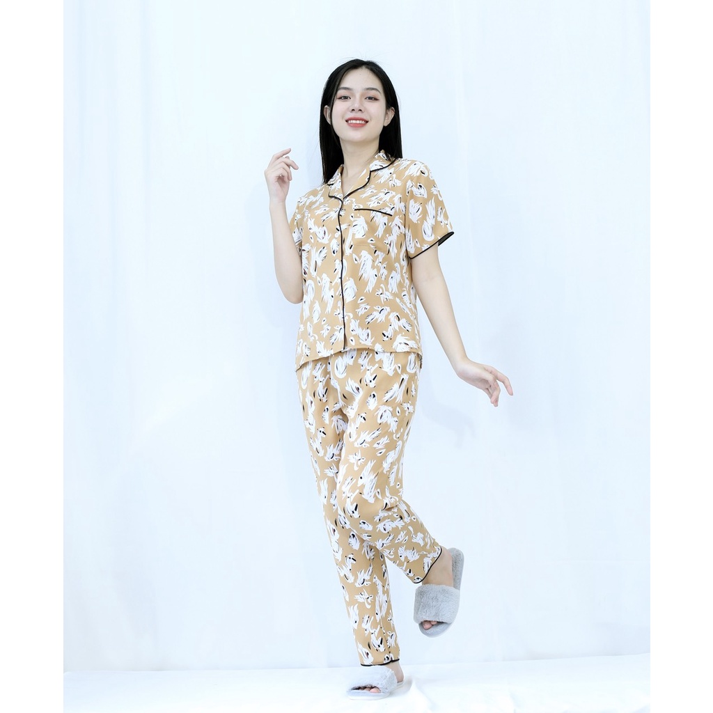 Bộ đồ Pijama nữ quần dài tay ngắn MÀU NÂU VÀNG CÁNH CHIM TRẮNG - SIÊU XINH - vải lụa COTTON - Cực Kì Sang Chảnh