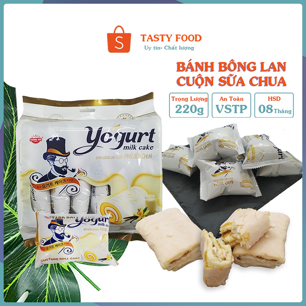 Bánh bông lan cuộn phủ sữa chua Yogurt gói 220g đồ ăn vặt Tasty Food