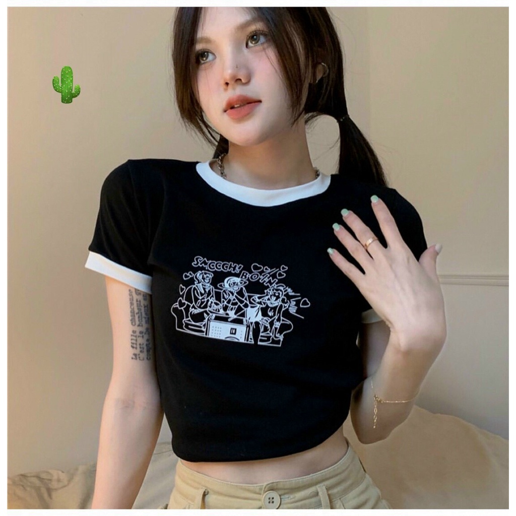 Áo thun Croptop PC Viền Nổi Phối kí Tự