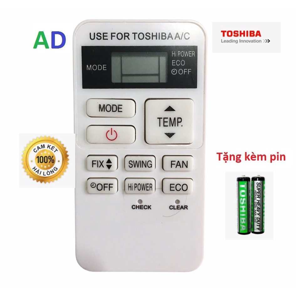 ĐIỀU KHIỂN ĐIỀU HÒA TOSHIBA RAS-07BKV-E (TRẮNG-NHỎ)  dùng cho  điều hòa 1 chiều và 2 chiều  - Tặng kèm pin chính  hãng