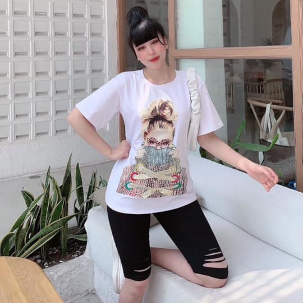 Đồ Bộ Nữ TS01331 Đồ Bộ Mặc Nhà Chất Cotton 100% Co Dãn Mịn Đẹp Quần Ngố Lửng Rách Nhẹ Hình In Cô Gái Size 40KG - 80Kg | BigBuy360 - bigbuy360.vn