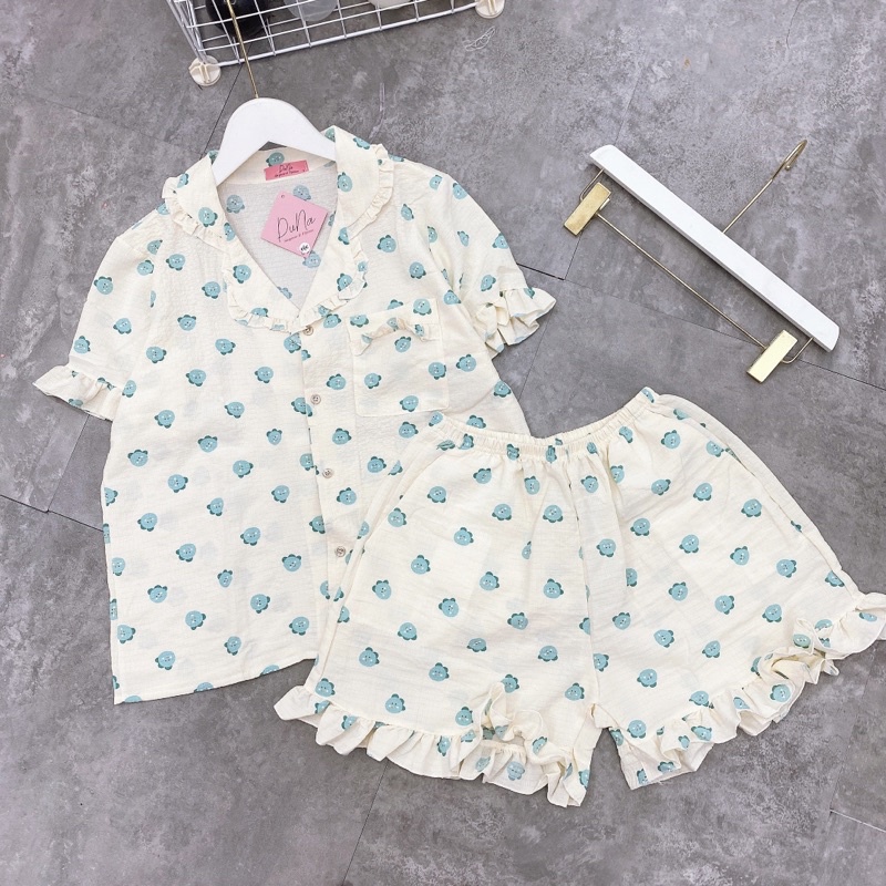 Bộ pijama đũi xốp tay cộc quần đùi viền bèo mặc nhà nữ, Đồ ngủ nữ xinh hoạ tiết siêu mát mùa hè