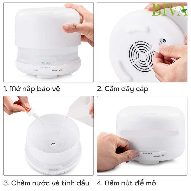 Máy Khuếch Tán Tinh Dầu Trụ Trắng 300ml Aroma Diffuser + Tặng TD Sả 10ml