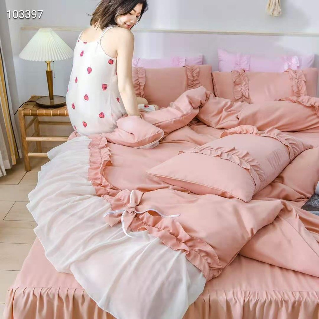 Chọn Bộ Chăn Ga Gối phối ren  silk hàn