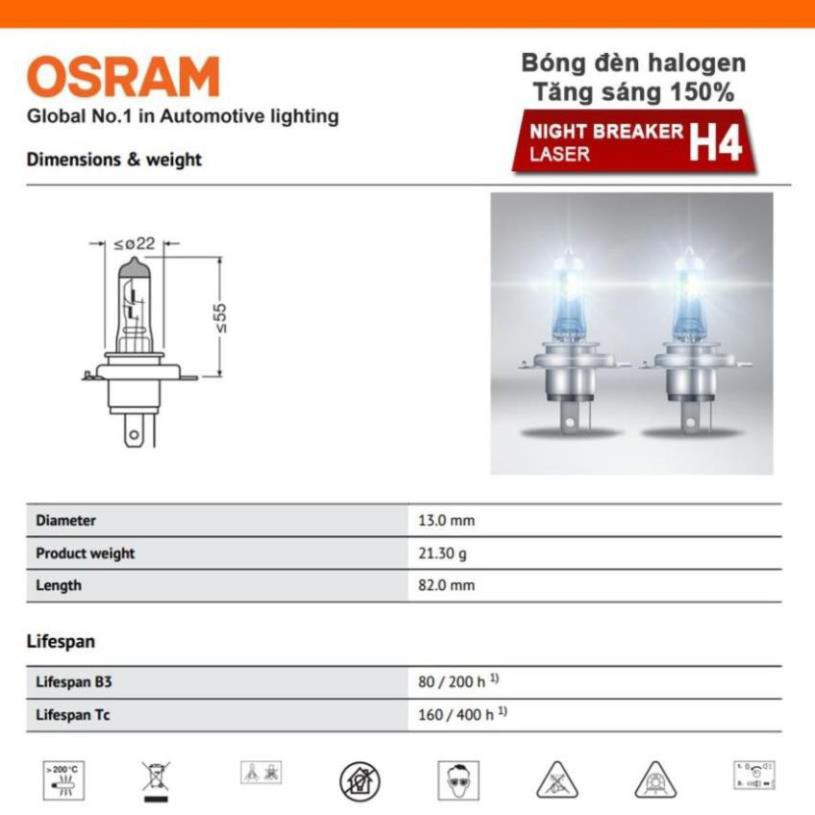 Bóng đèn halogen tăng sáng 150% OSRAM NIGHT BREAKER LASER H4 12v 60/55w