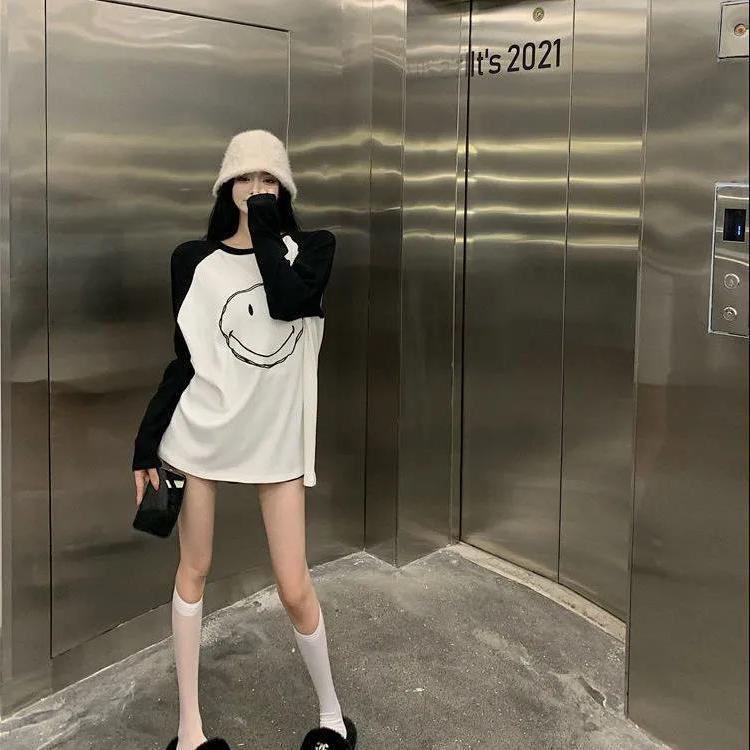 Jiashucheng Áo Thun Tay Dài Dáng Rộng Phối Màu Tương Phản Phong Cách Hàn Quốc Thời Trang Thu Đông Cho Nữ Có Size Lớn