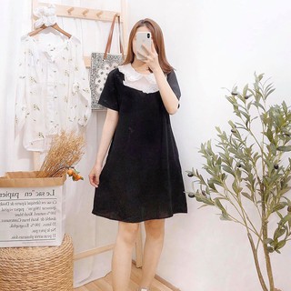 Đầm suông đen cổ bèo trắng 2 tầng